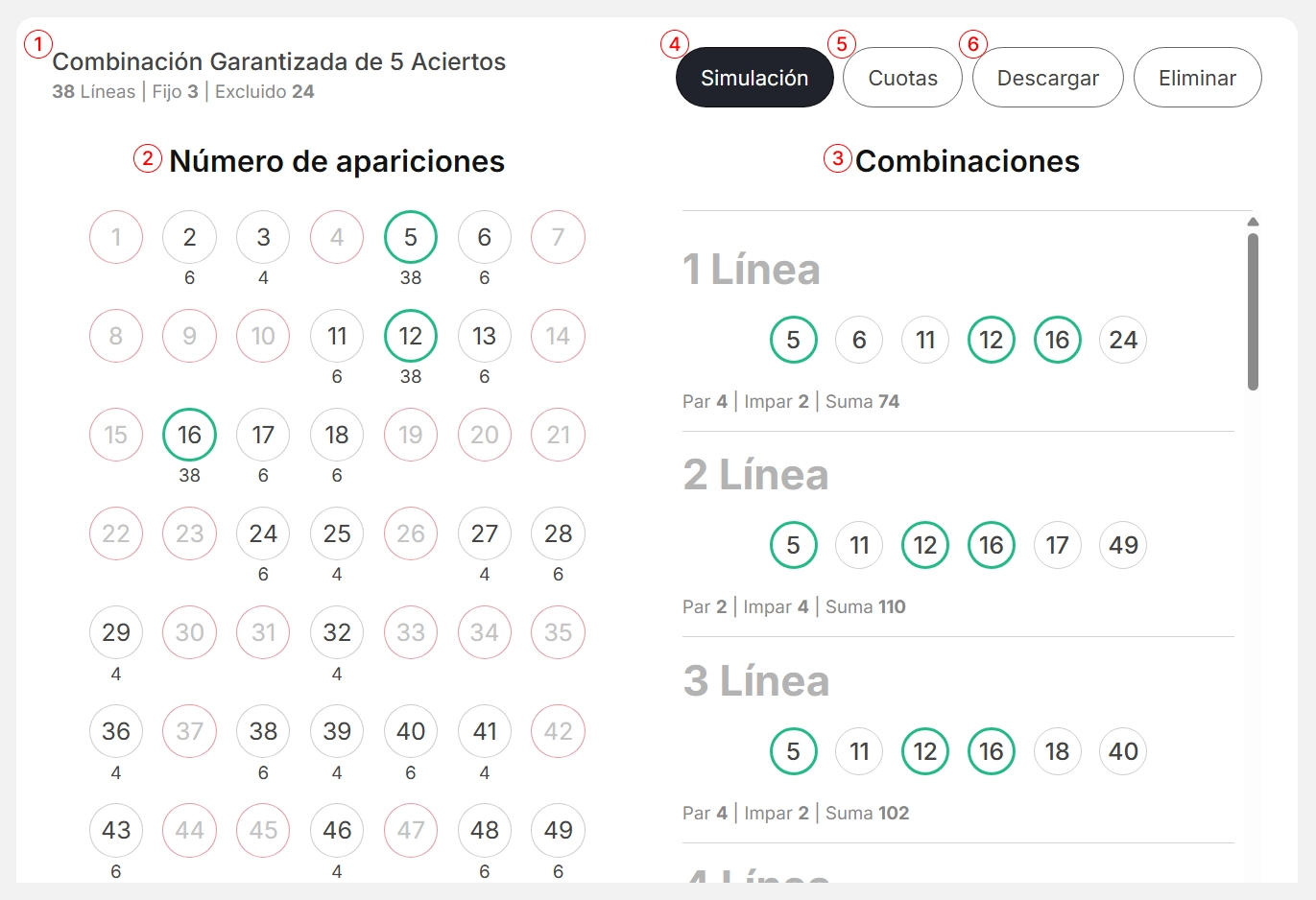 Pantalla de resultados del generador de números de lotería de LottoApex — Se muestra una lista de combinaciones de lotería generadas con la estrategia de rueda de garantía de 4+, el recuento de los números utilizados, y la información sobre la relación par/impar y la suma de cada combinación. También están disponibles las funciones de simulación, calculadora de probabilidades y descarga de CSV.