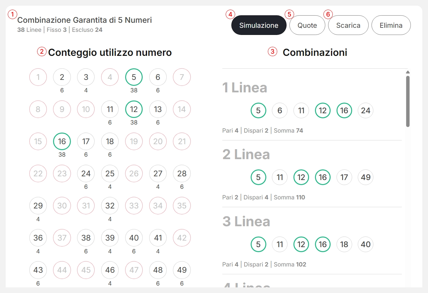Schermata dei risultati del generatore di numeri della lotteria LottoApex — Un elenco delle combinazioni della lotteria generate con la strategia a ruota di garanzia 4+, il conteggio dei numeri utilizzati, e le informazioni sulla somma per ogni combinazione. Sono disponibili anche le funzioni di simulazione, calcolo delle quote e download in formato CSV.