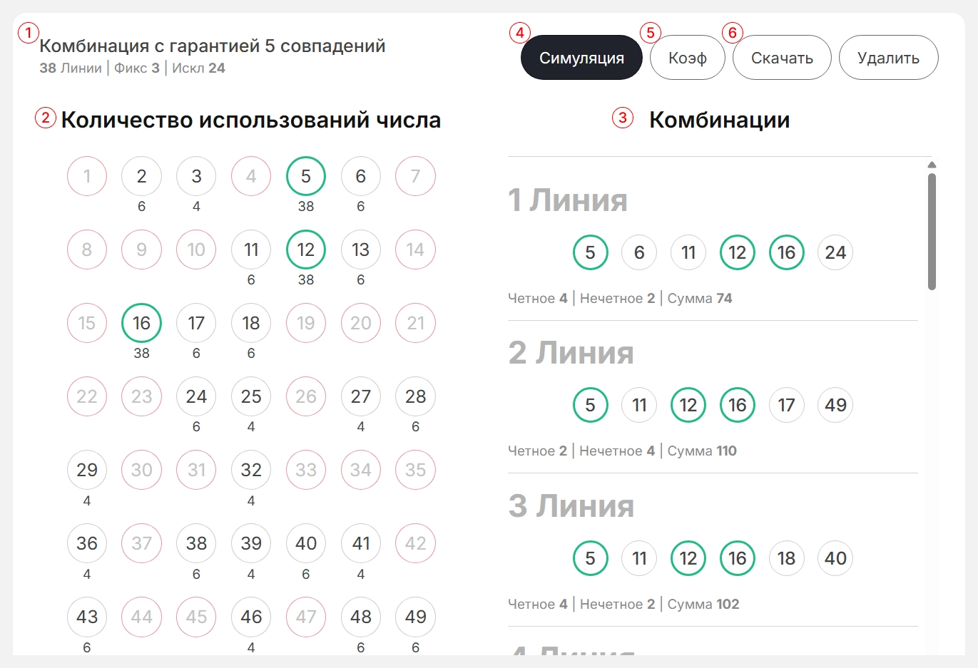 Экран результатов генератора лотерейных номеров LottoApex — Отображается список лотерейных комбинаций, сгенерированных по стратегии колеса с гарантией 4+, количество использованных номеров, а также информация о соотношении четных/нечетных чисел и сумме для каждой комбинации. Также доступны функции симуляции, калькулятора шансов и скачивания в формате CSV.