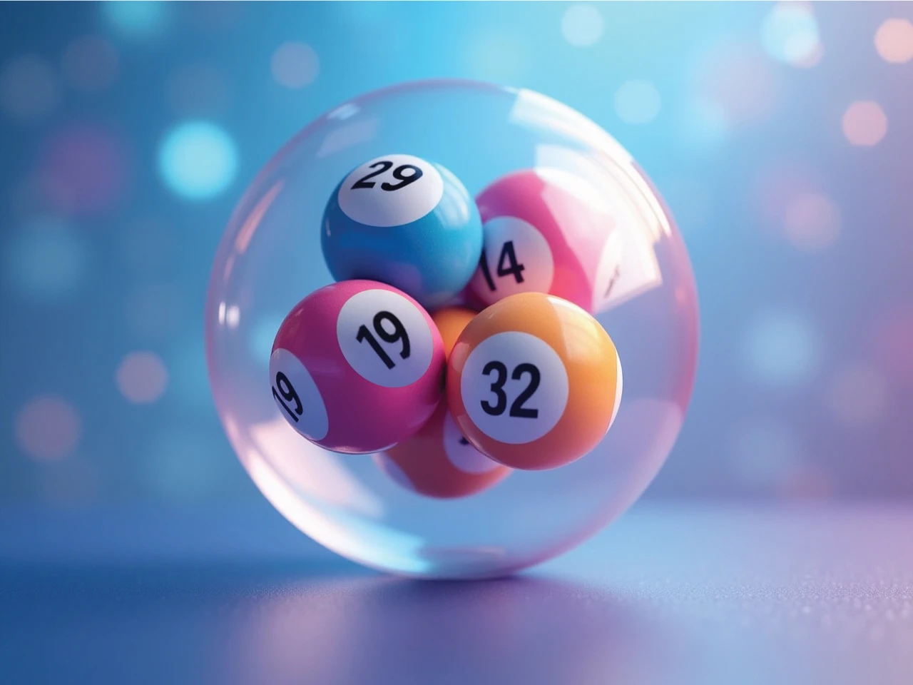 Illustration du concept de générateur de numéros de loto EuroMillions — Une sphère transparente contenant des boules de loto colorées avec les numéros 14, 19, 29, 32, etc.