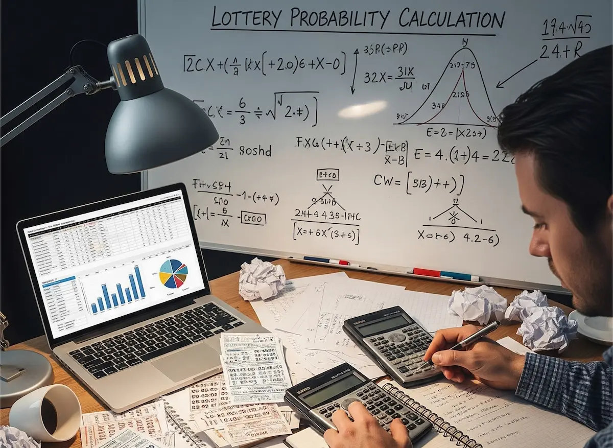 Image d'un homme assis à un bureau, calculant les cotes du loto et analysant les chances de gagner