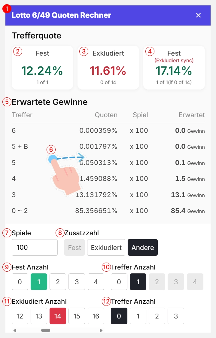 Ein Screenshot der Benutzeroberfläche eines Lotto-Quotenrechners, der Bereiche für Wahrscheinlichkeitsanalyse und Einstellungen zeigt.