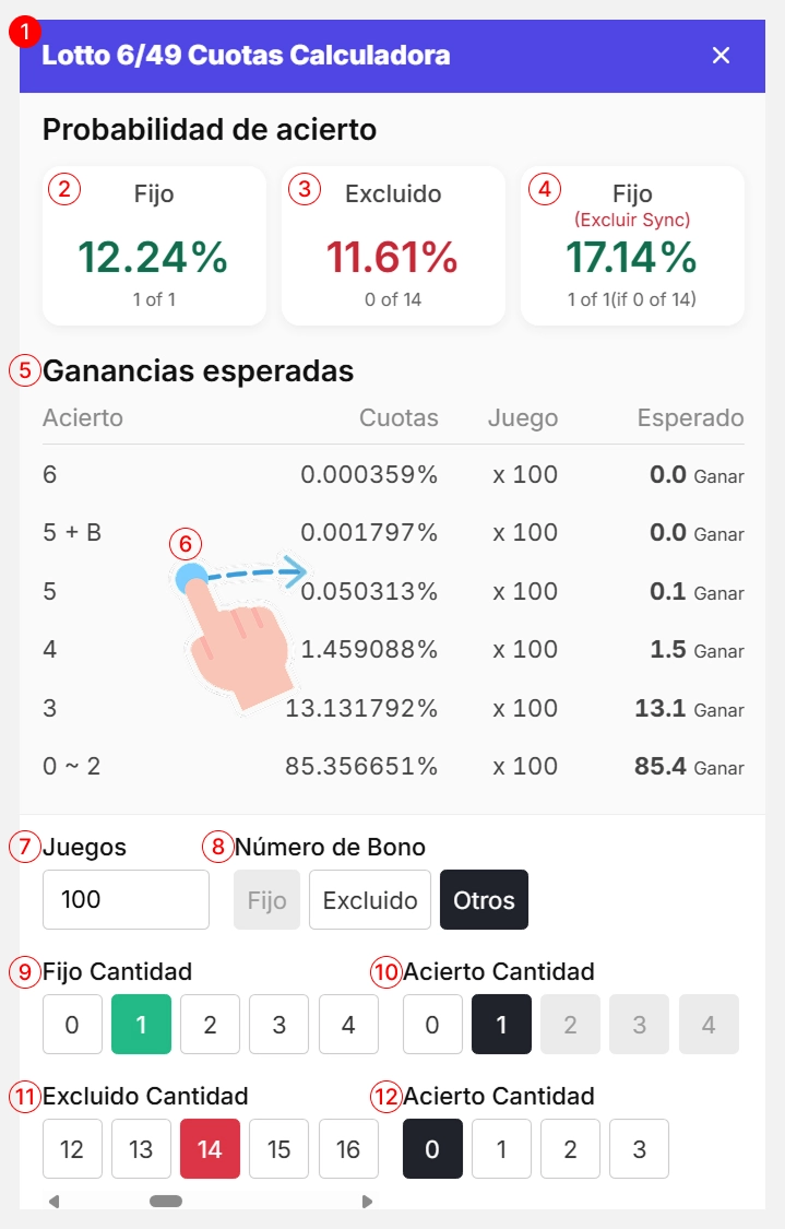 Una captura de pantalla de la interfaz de usuario de una calculadora de probabilidades de lotería que muestra las secciones de análisis de probabilidad y configuración.