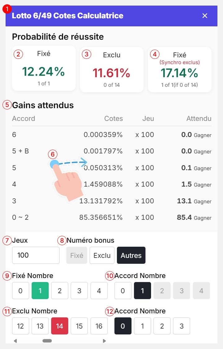 Une capture d'écran de l'interface utilisateur d'une calculatrice de cotes de loto, montrant les sections d'analyse de probabilité et de paramètres.