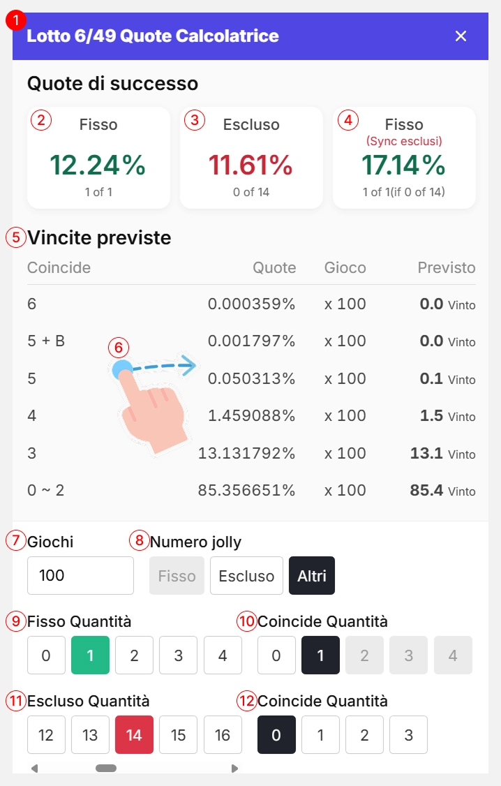 Uno screenshot dell'interfaccia utente di una calcolatrice di probabilità della lotteria, che mostra le sezioni per l'analisi delle probabilità e le impostazioni.