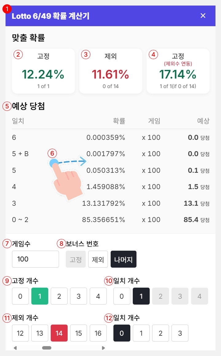 로또 확률 계산기 사용자 인터페이스의 스크린샷으로, 확률 분석 영역과 설정 영역을 보여줍니다.