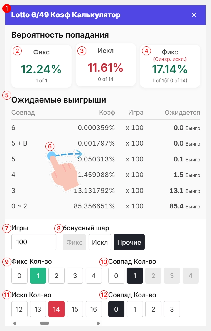 Скриншот пользовательского интерфейса калькулятора шансов в лотерее, показывающий разделы для анализа вероятностей и настроек.