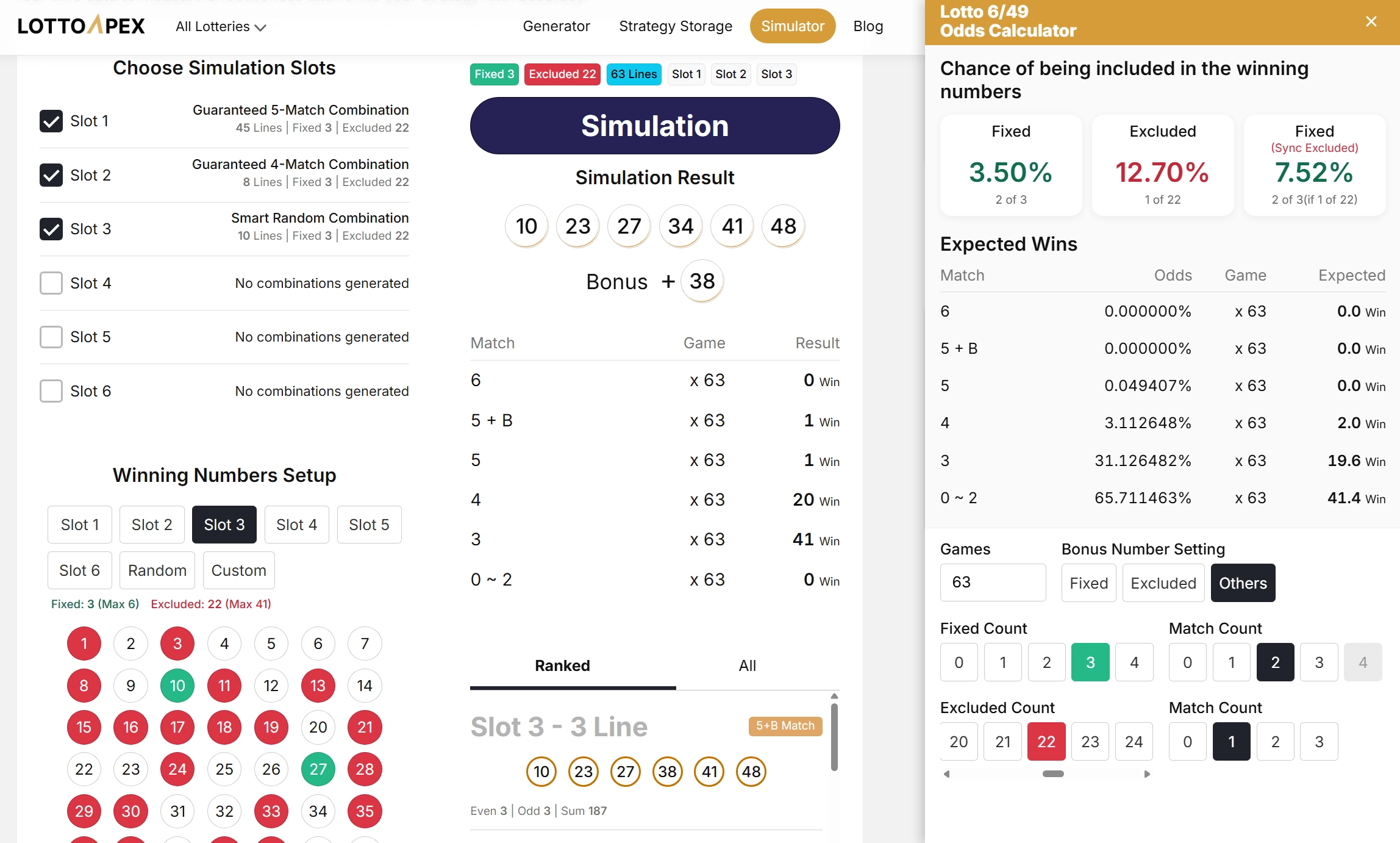 When 2 of the 3 fixed numbers match the winning numbers in the odds calculator