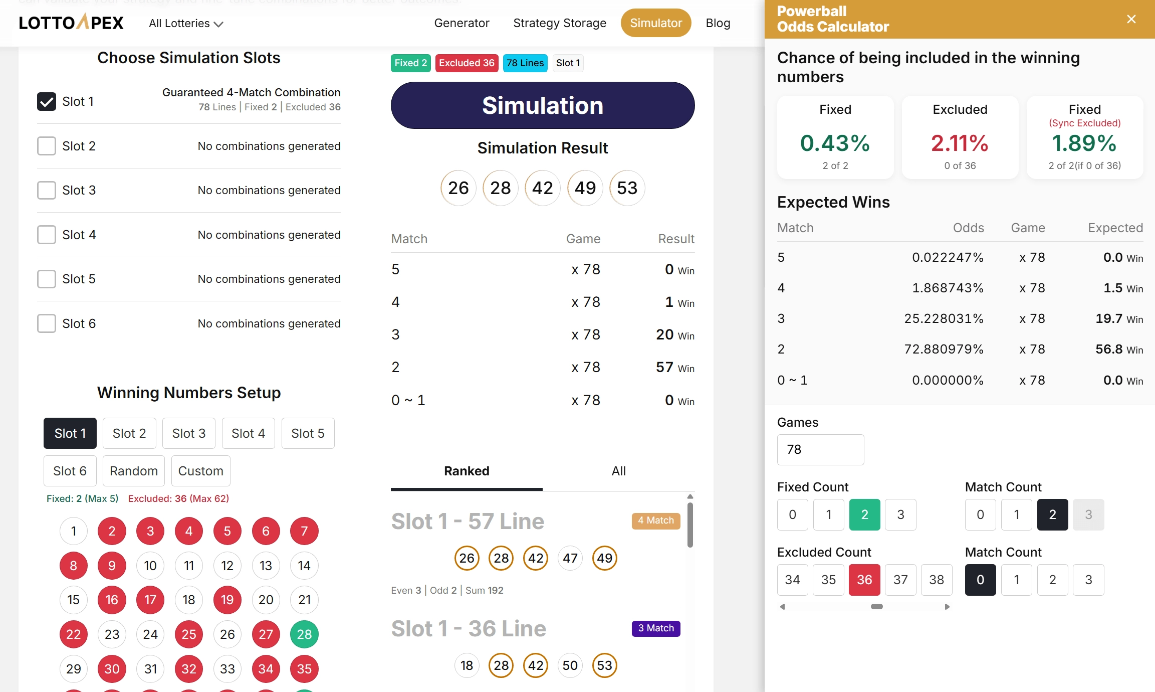 When 2 of the 2 fixed numbers and 0 of 22 the excluded number match the winning numbers in the odds calculator