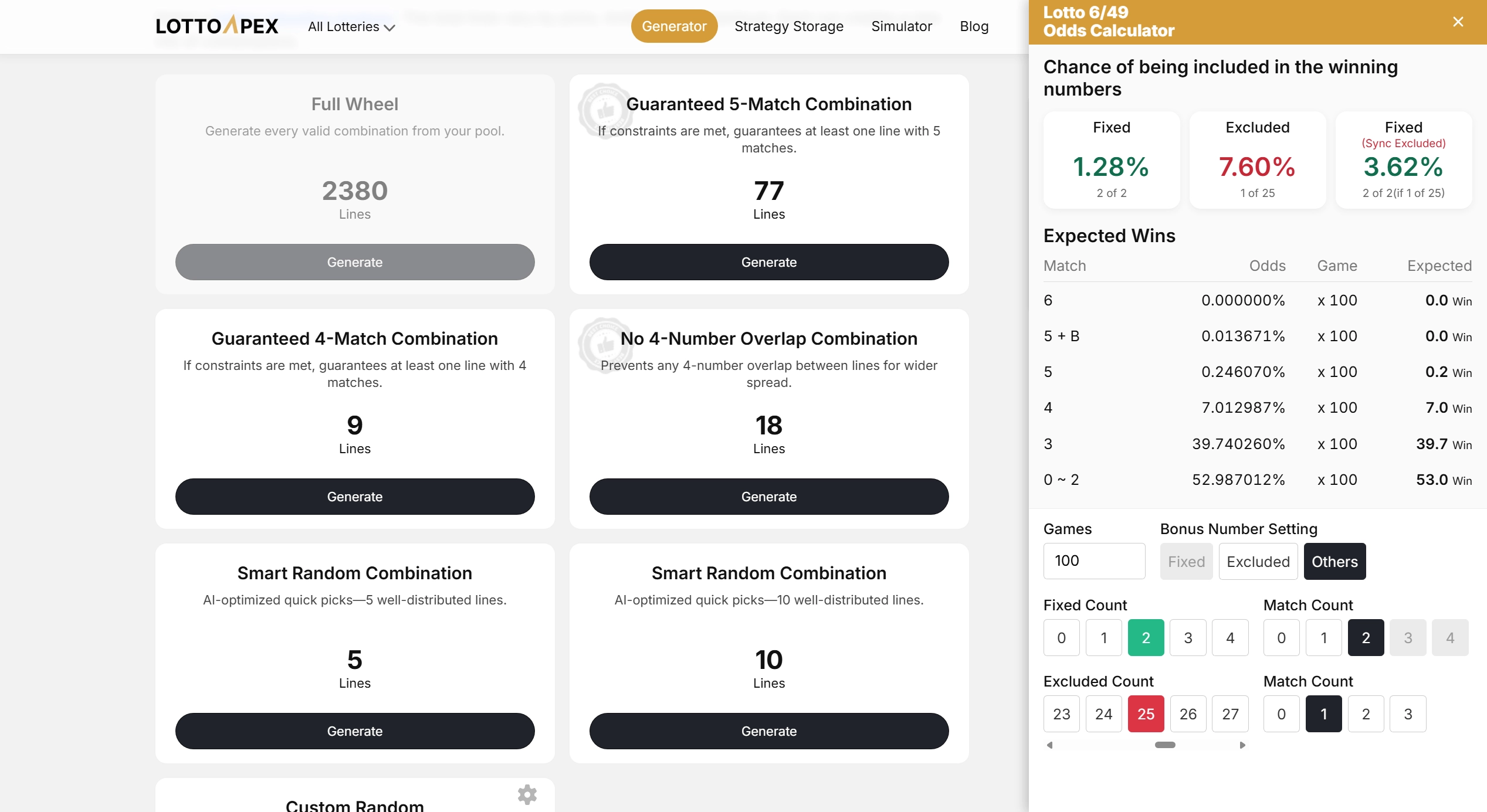 LottoApex Lottery Generator(lotto 649) and Probability Calculator Interface