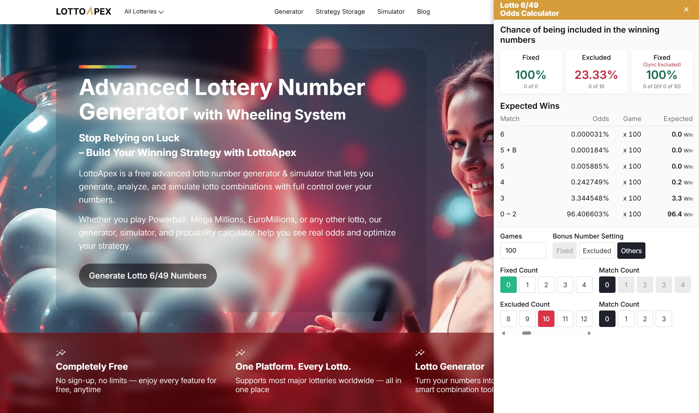 LottoApex Odds Calculator showing Lotto 6/49 probability with excluded numbers and rank-by-rank odds