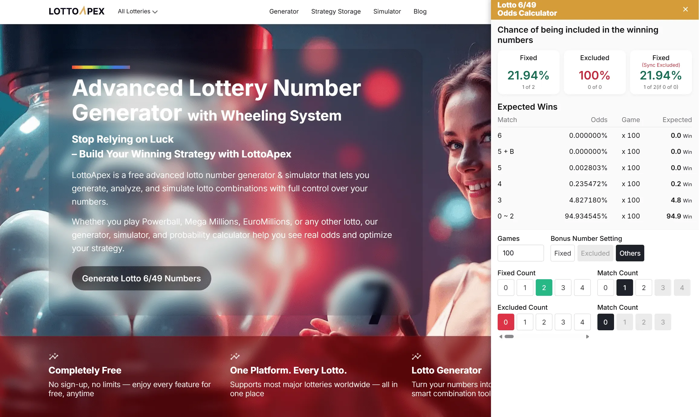 LottoApex Odds Calculator screenshot showing Lotto 6/49 probability with 2 fixed numbers under the Canadian bonus rule