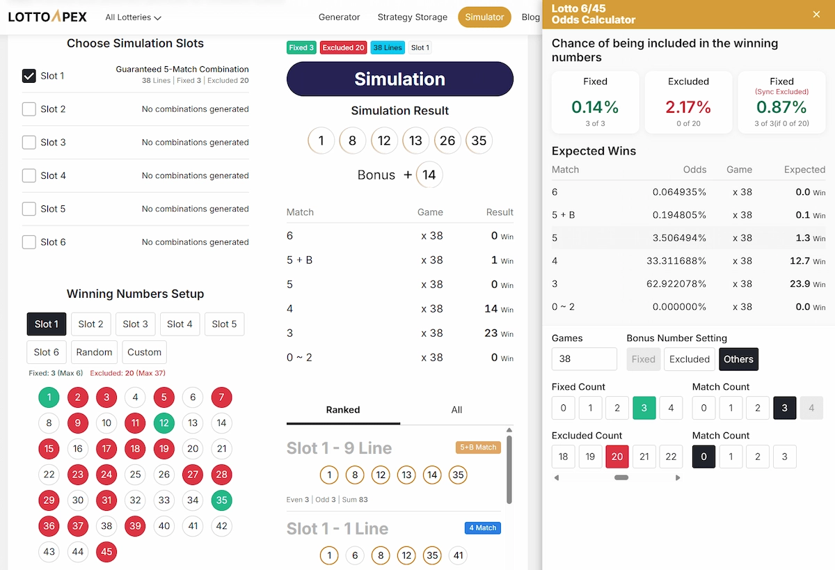 LottoApex strategy tool na nagka-calculate ng probability batay sa fixed at exclusion numbers sa real-time.