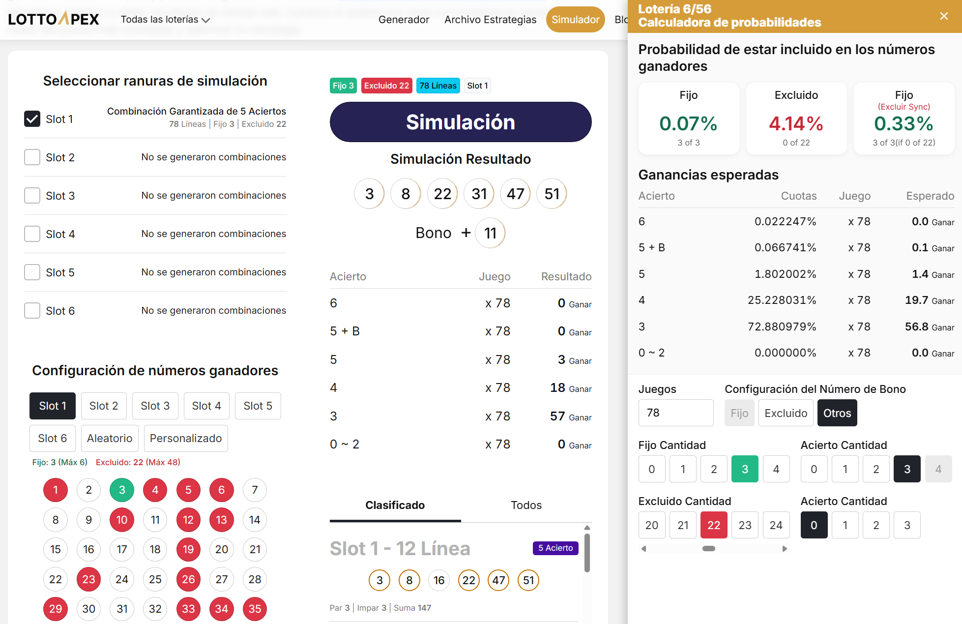 simulador de Melate en LottoApex: combinaciones generadas, prueba con números ganadores y comparación en la calculadora de probabilidades