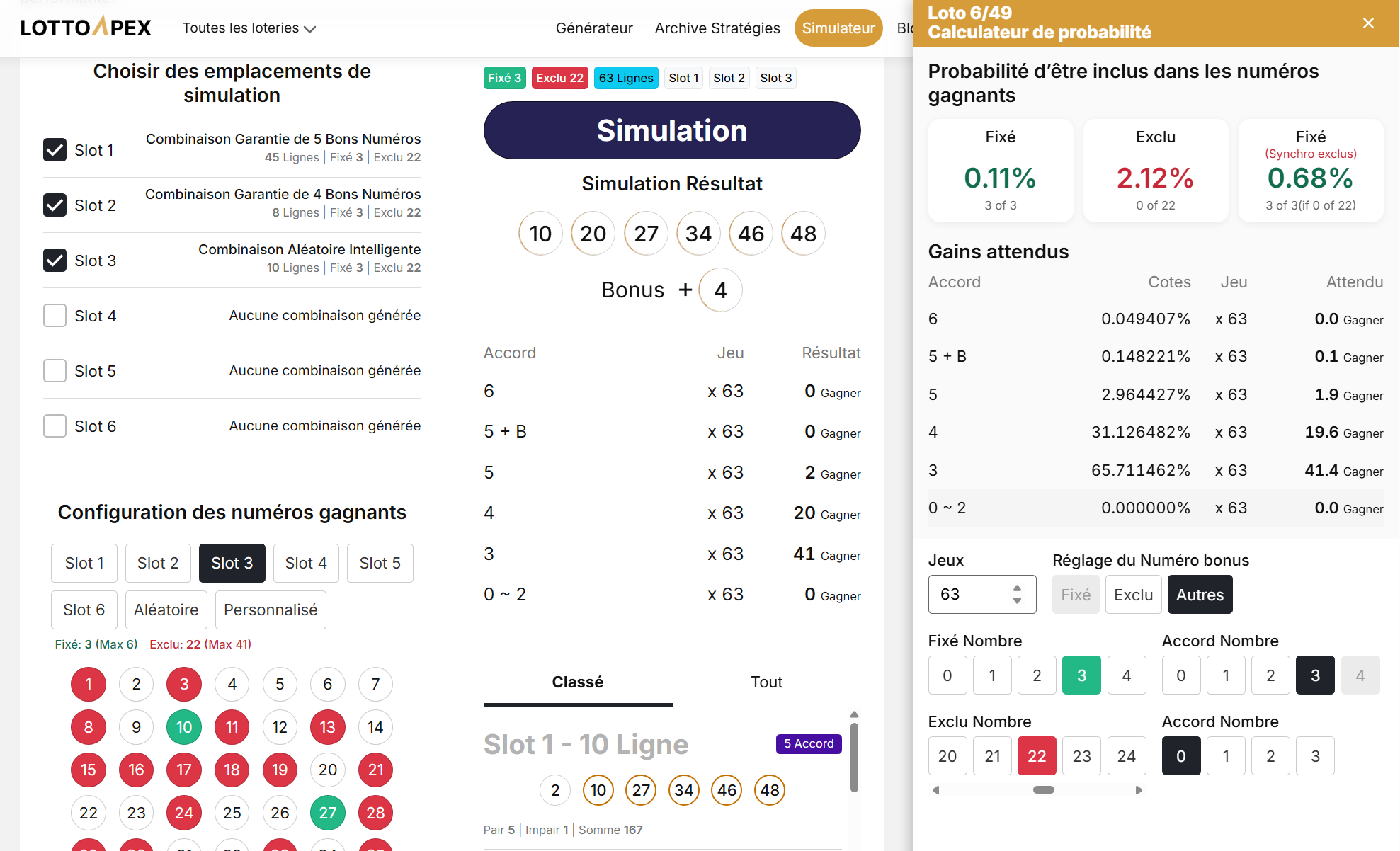 simulateur Lotto 6/49 dans LottoApex : combinaisons générées, test avec numéros gagnants et comparaison dans la calculatrice de probabilités
