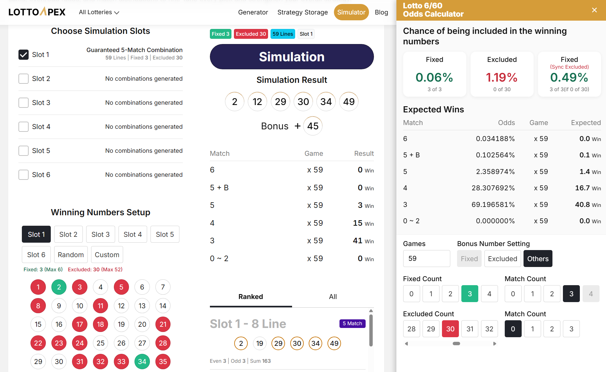 simulador de Mega-Sena no LottoApex: combinações geradas, teste com números vencedores e comparação na calculadora de probabilidades