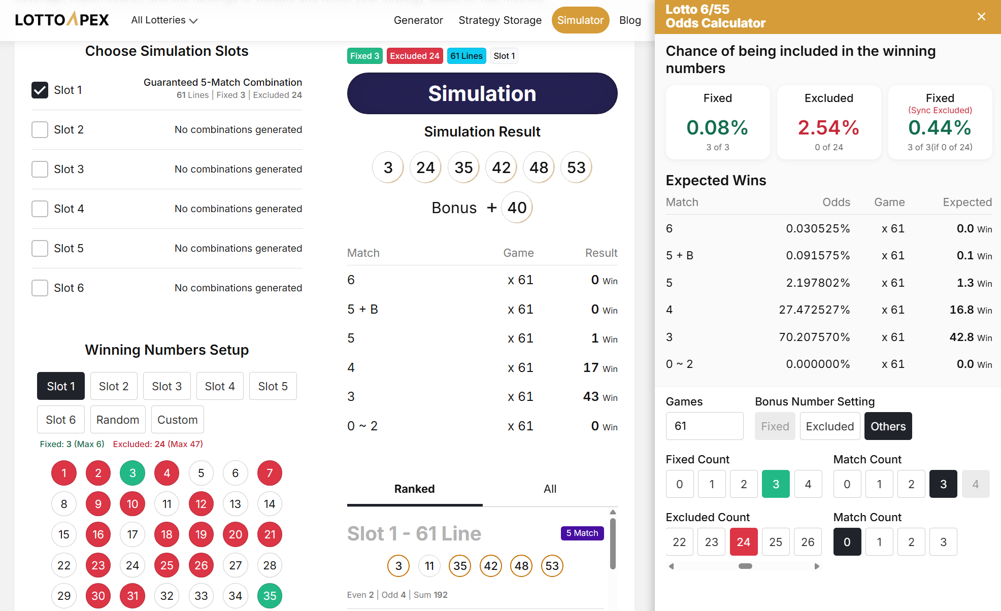 mô phỏng Power 6/55 trong LottoApex: các tổ hợp đã tạo, thử với số trúng và so sánh trong máy tính xác suất