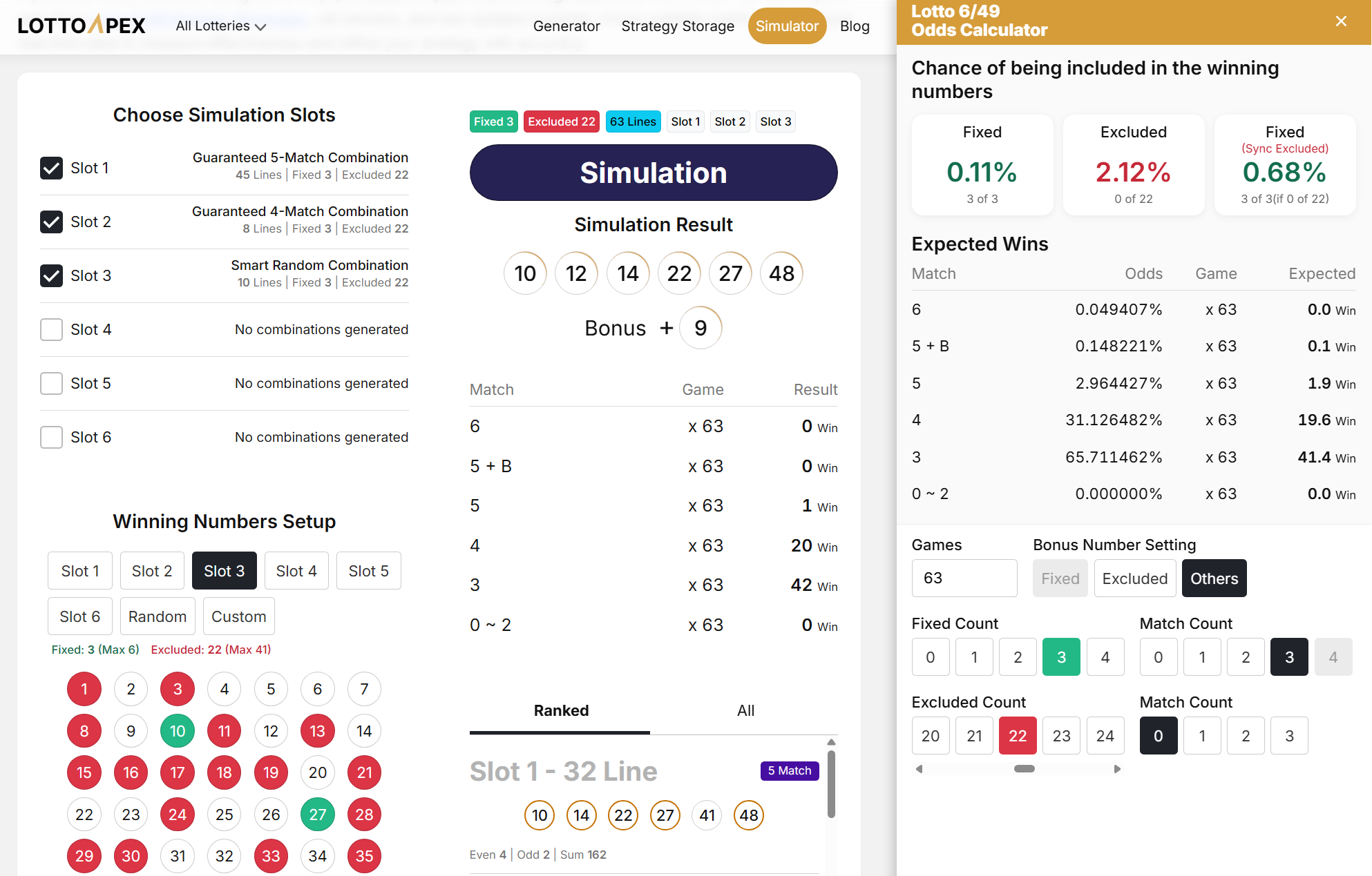LottoApex Lotto 6/49 simulator screen showing generated combinations tested with user-selected winning numbers and compared with results in the odds calculator
