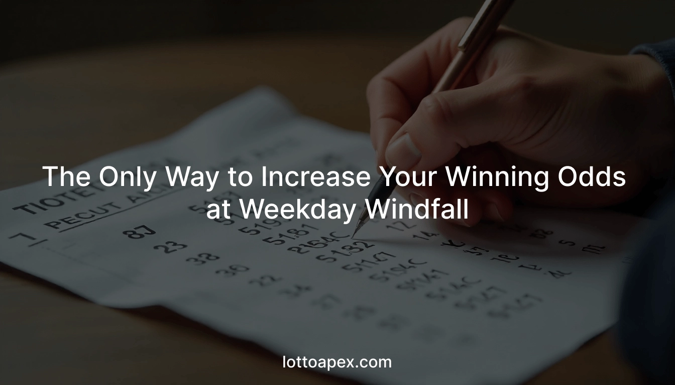 Professional analysis desk featuring lottery charts, a calculator, and a laptop showing Weekday Windfall mathematical winning strategies by LottoApex.
