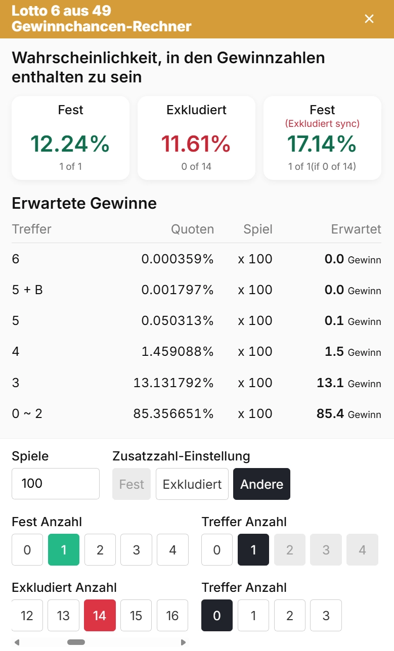 LottoApex Gewinnchancen-Rechner mit Wahrscheinlichkeiten je Gewinnklasse und erwarteten Gewinnen