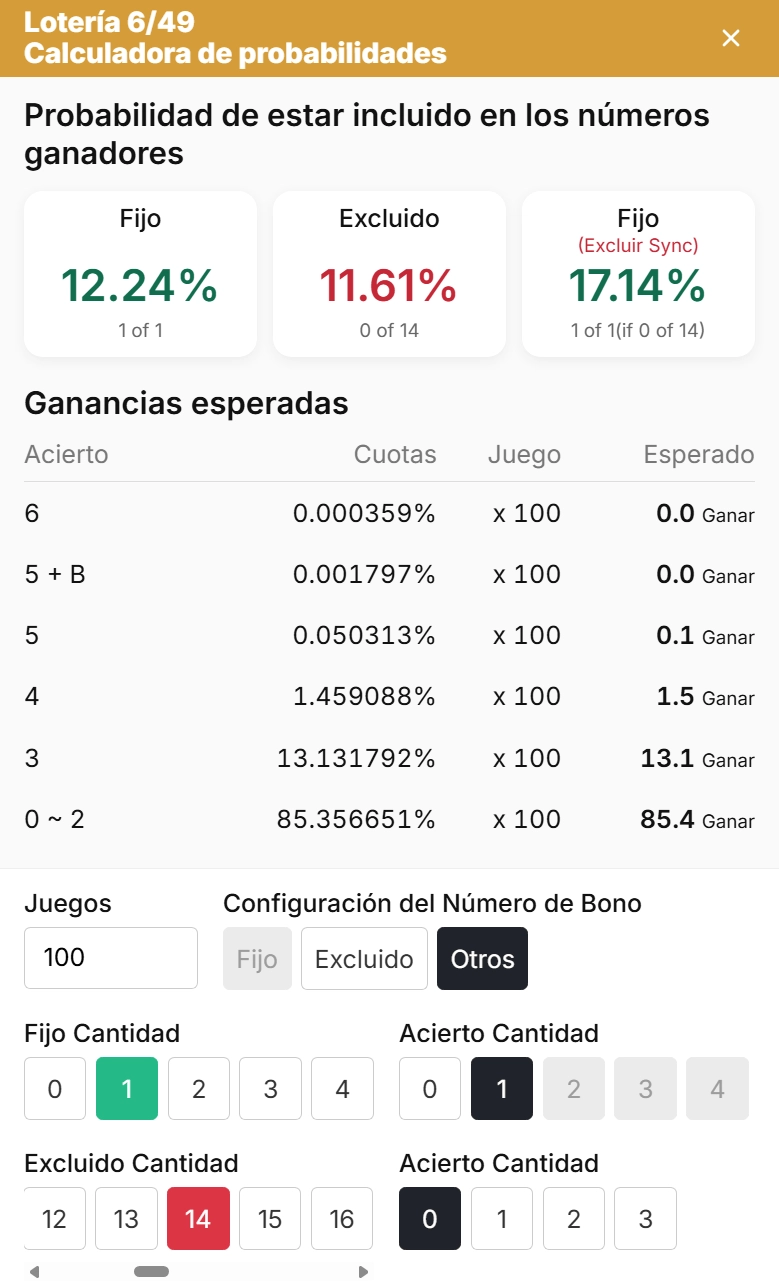 Interfaz de la calculadora de probabilidades de lotería de LottoApex con probabilidades por categoría de premio y aciertos esperados