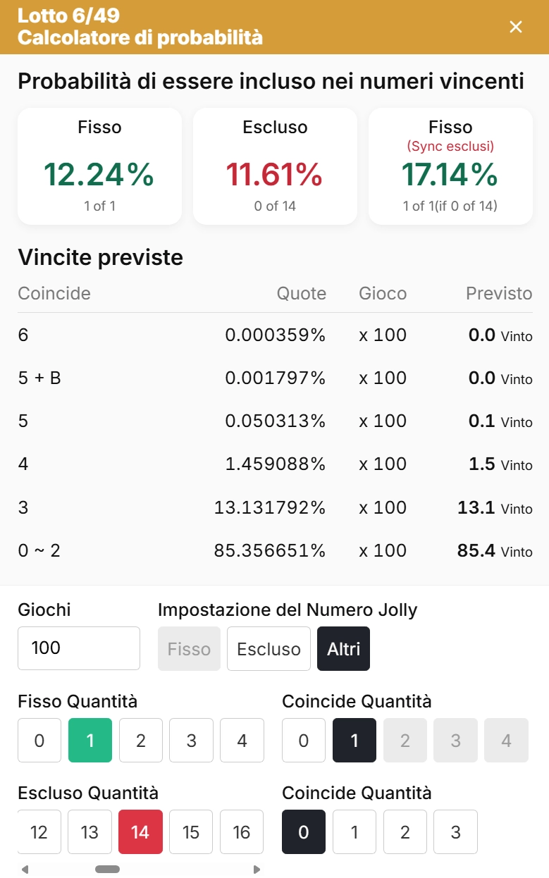 Calcolatore di probabilità del lotto di LottoApex con probabilità per fascia e vincite attese
