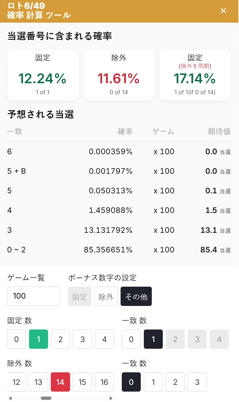 LottoApexのロト当選確率計算機。等級別の確率と期待当選数を表示