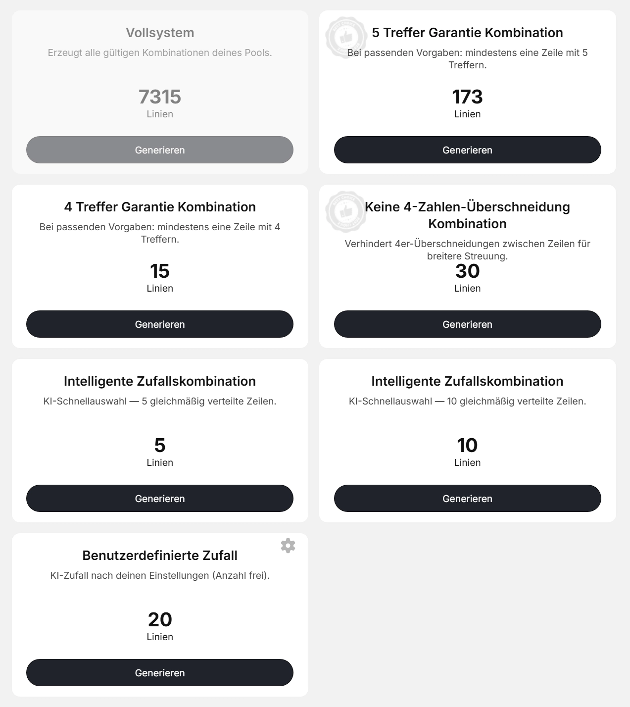 LottoApex-Oberfläche des Lotto-Zahlengenerators mit Optionen für Voll-, Garantie-, Ausgeglichenes-, Schlüsselzahlen- und intelligentes Zufalls-System