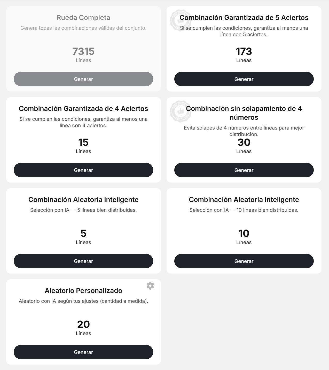 Interfaz del generador de números de lotería de LottoApex con opciones de sistema completo, garantizado, equilibrado, número adicional y apuestas automáticas