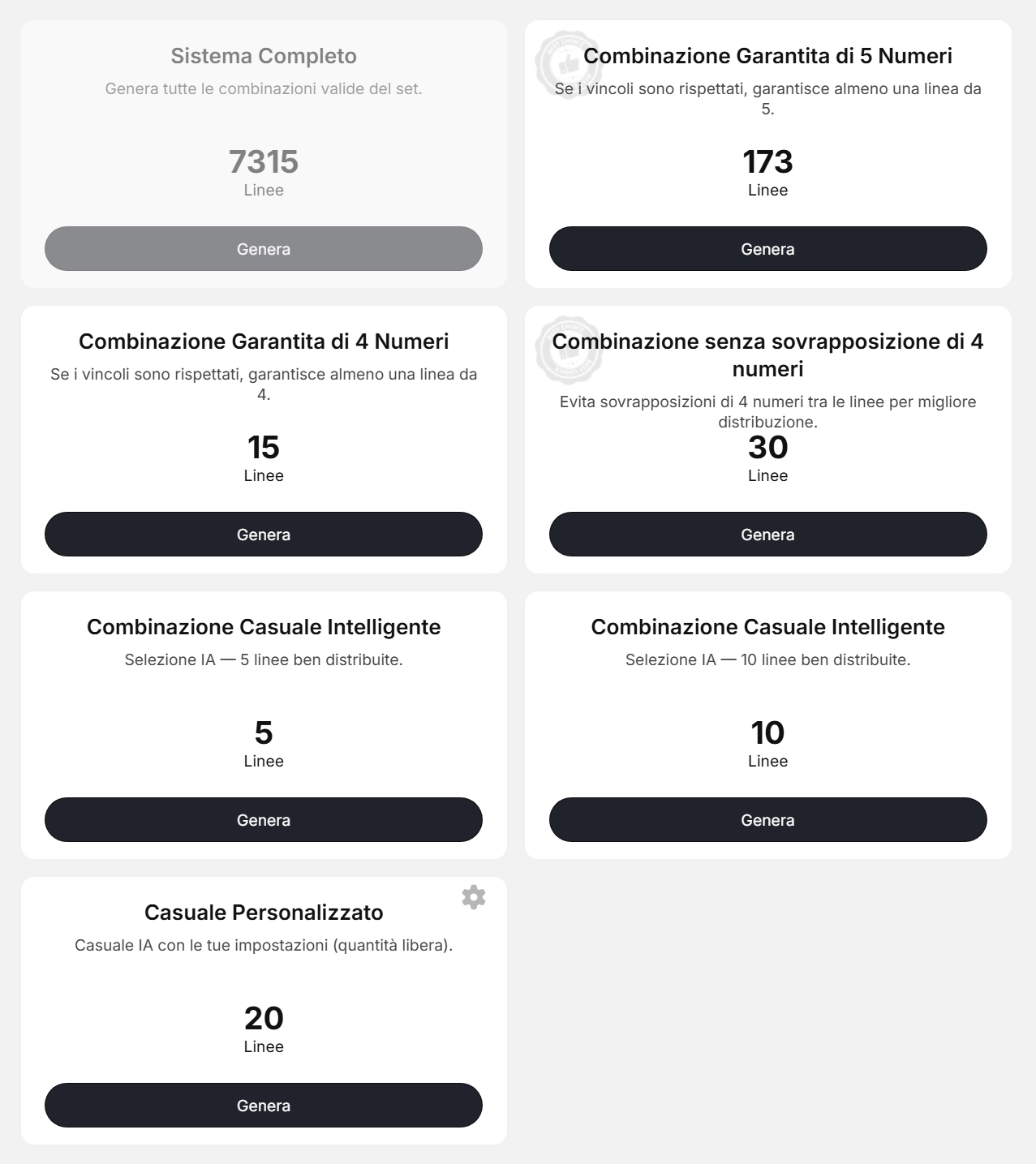 Interfaccia del Generatore di lotto di LottoApex con opzioni sistema completo, garantito, bilanciato, numeri chiave e casuale intelligente