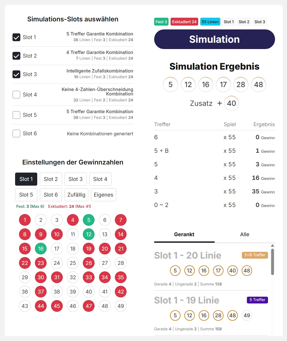 LottoApex-Oberfläche des Lotto-Simulators mit benutzerdefinierten Läufen, flexibler Zahlensteuerung, Zufallsmodus und sofortigen Ergebnissen