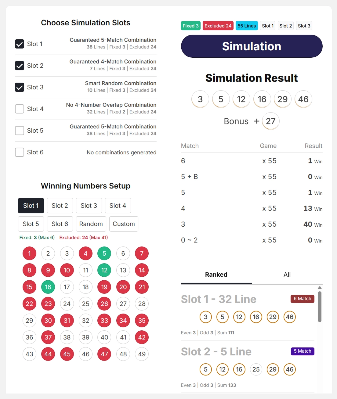 LottoApex Lottery Simulator interface showing custom runs, flexible number control, random mode, and instant results