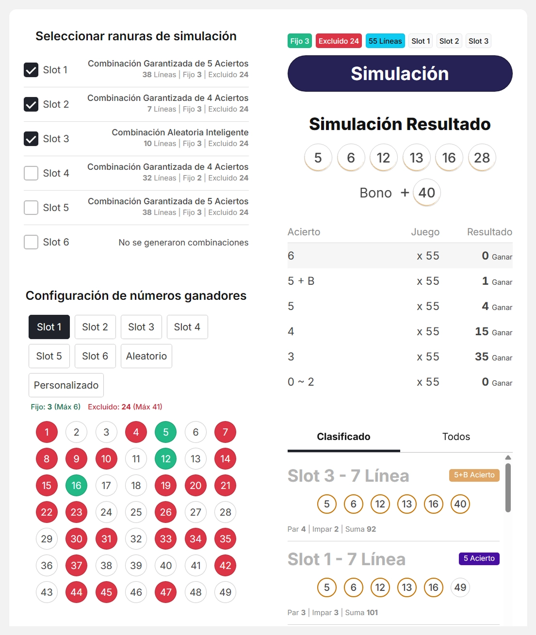 Interfaz del simulador de lotería de LottoApex con ejecuciones personalizadas, control flexible de números, modo aleatorio y resultados instantáneos